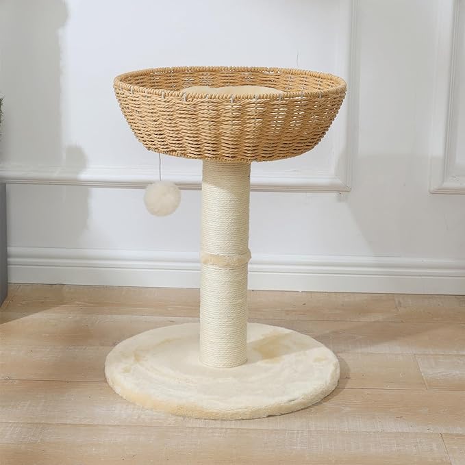 SHENGOCASE Cat Tree Tower with Rattan Wicker Basket, Handwoven Large Nest Basket Bed, Window Perch for Large Cats up to 20LBS