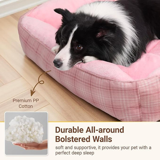 MIHIKK Rectangle Dog Beds for Large Dogs & Cats, Orthopedic Sleeping Pet Bed for Couch with Durable Puppy Cuddler and Anti-Slip Bottom Machine Washable 34 * 24 Inch (Pink)