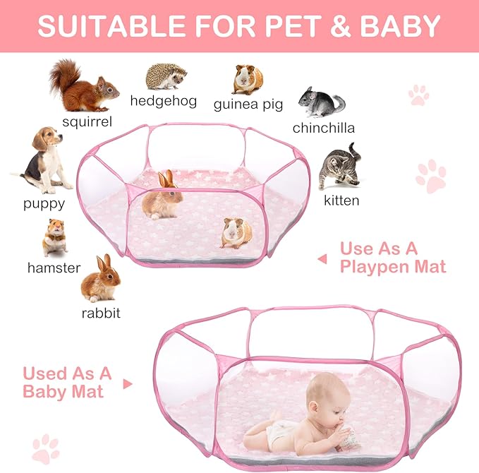 Hamster Playpen with Mat Small Animal Cage Tent Breathable Transparent Guinea Pig Playpen Waterproof Portable Yard Fence Mat Foldable Exercise Playpen Outdoor Indoor (Pink,Star)