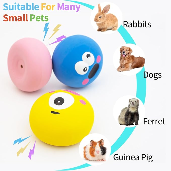 FlidRunest 3PCS Natural Rubber Squeaker Toys for Rabbit, High Elasticity Bunny Latex Squeak Balls, Teething Toys Big Eyes Printed Toy Ball for Bunny, Rabbit Easy to Clean