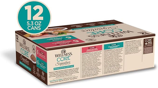 Wellness CORE Signature Selects Flaked Adult Wet Cat Food, Natural, Protein-Rich, Grain Free, 5.3 Ounce, 12 Pack (Seafood Variety Pack)