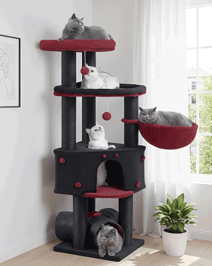 Cat Tree Tower for Indoor Cats Large Adult - Tall Kitty Condo House with Hammock Scratching Post Tunnel - 60 Inch Big Kitten Bed Condos Trees - Heavy Duty Kittens Houses Stand for Multiple Maine Coon