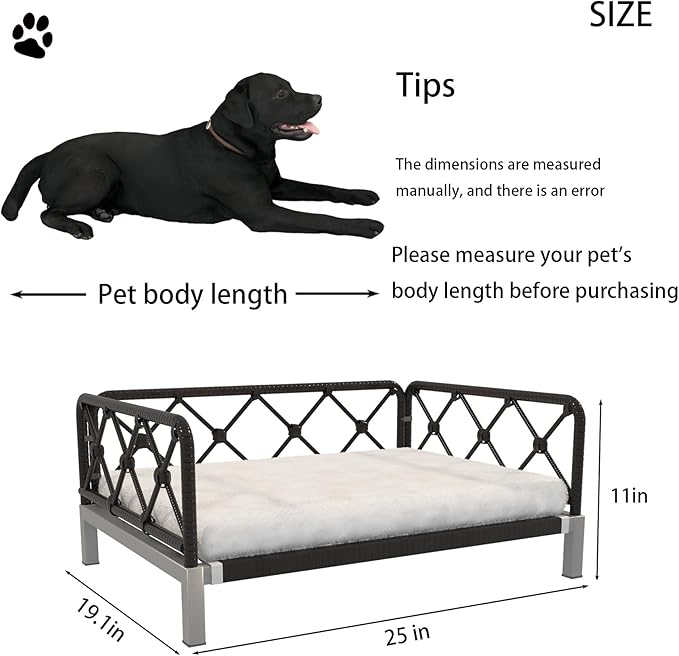 Wicker Dog Bed with 2" Cushion,Rattan Dog Sofa Bed for Small Medium Dogs– Indoor/Outdoor Metal Frame Pet Bed up 66lbs(Black Rattan White Cushion)