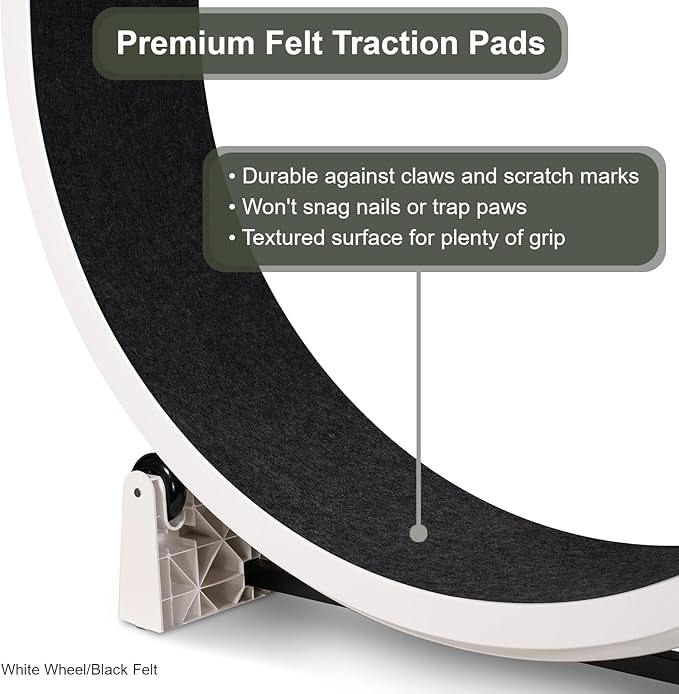 One Fast Cat - Cat Exercise Wheel - Gen. 7 - Safe 48" Diameter - Made in The USA - White Wheel with Black Felt Traction Pads and Light-Up LED Inline Wheels