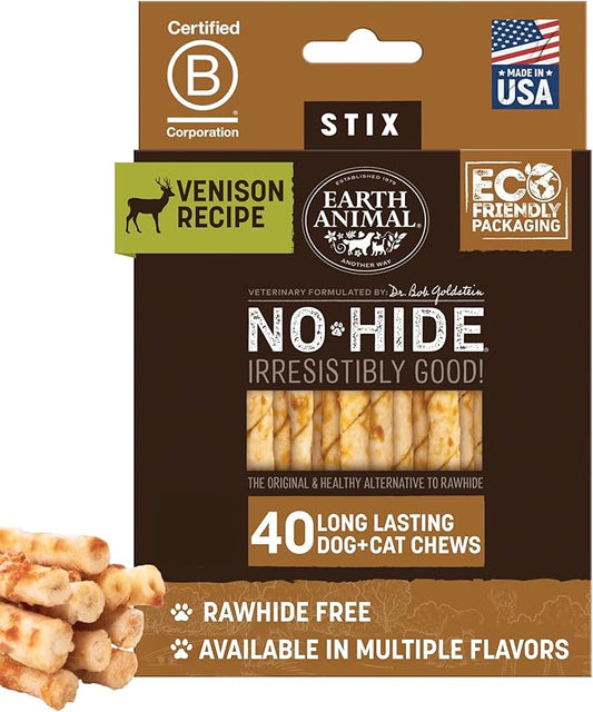 Earth Animal No-Hide Stix Venison Recipe Natural Rawhide Alternative Dog & Cat Chews - 40 Count Extra Value Pack