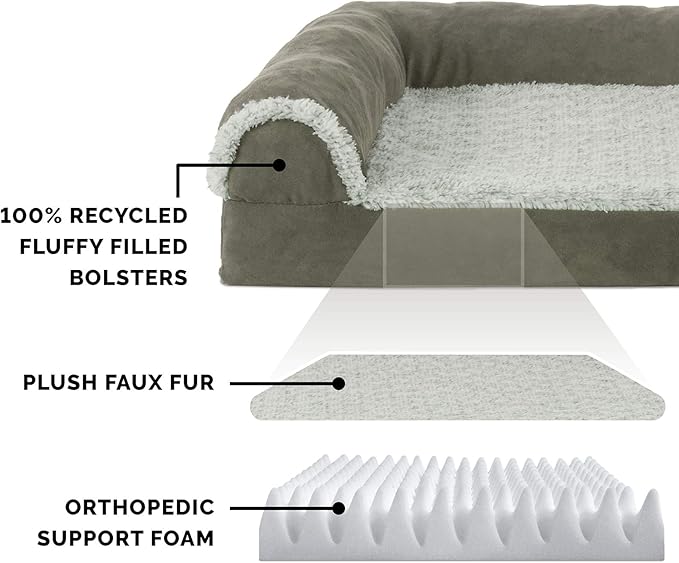 Furhaven Orthopedic Dog Bed for Large Dogs w/ Removable Bolsters & Washable Cover, For Dogs Up to 95 lbs - Two-Tone Plush Faux Fur & Suede L Shaped Chaise - Dark Sage, Jumbo/XL