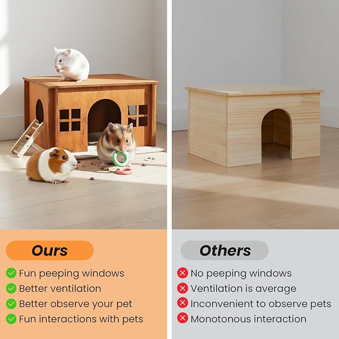 Upgraded Guinea Pig Hideout, Brown Chinchilla House with Windows, Hamster Cage Accessories for Small Animal Houses & Habitats, Wood Hamster Hideout with Cushion, Guinea Pig House for Rabbit, Hedgehog