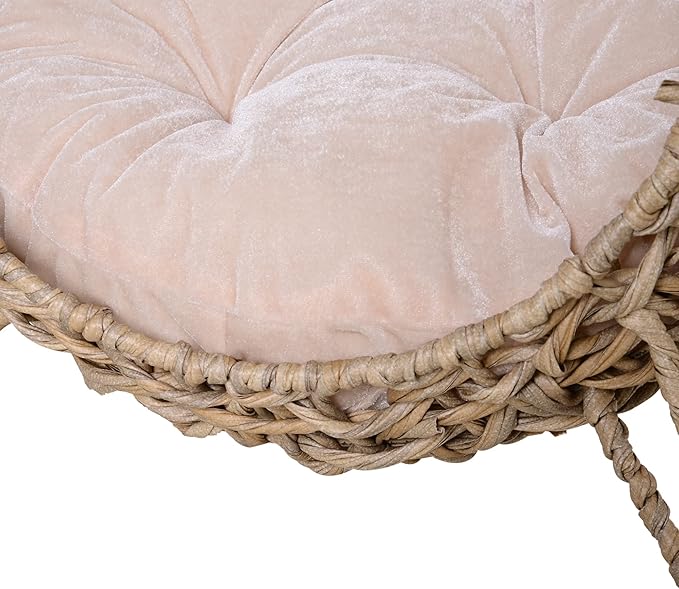 PawHut 20.5" Weaved Cat Bed, Elevated Hand-Woven Braided Banana Leaf Kitten House Condo with Cushion, Beige
