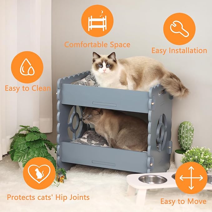 Cat Bunk Beds for 2 Indoor Cats,Double Raised Cat Bed,Elevated Cat Bed Furniture,Modern Cat Condo with Matress,Protect Cat's Hip Joint for All Seasons,Easy to Assemble(19.7“x15 x19.2,Grey)