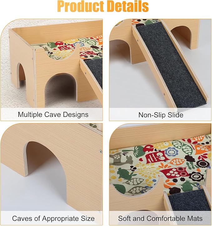 AQQHSAIN Guinea Pig Hideout Castle Sturdy Wooden Hamster Castle Detachable Guinea Pig Hideout House with Ramp and Cushion Small Animal House Hut Habitats for Chinchillas Playing Hiding (Single Layer)
