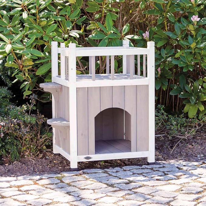 TRIXIE Cat Home with Balcony, Elevated Cat House, Weatherproof Shelter, Ideal for Cats and Small Dogs 17.5 x 17.5 x 25.5 in.