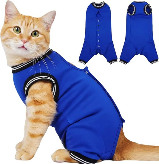 T'CHAQUE Cat Surgery Recovery Suit for Female Male, Cat Onesie Pet Surgical Pajamas Hind Legs Long Sleeve, Abdominal Wound Skin Diseases, E-Collar Alternative, Spay/Neuter Recovery Suit, RoyalBlue-S