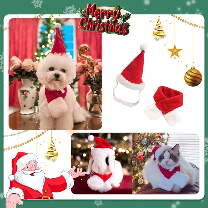 Cat Christmas Costume with Santa Hat and Scarf Cat Xmas Outfit for Kitten/Puppies/Home Christmas Decoration
