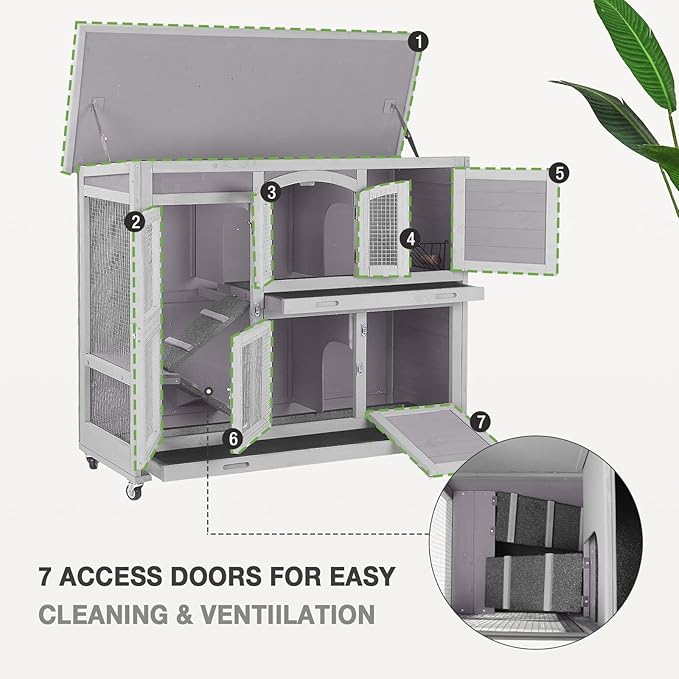 Two-Story Rabbit Hutch with Wheels Guinea Pig Cage Indoor Outdoor Bunny Cage with 2 Deep Leakproof Tray