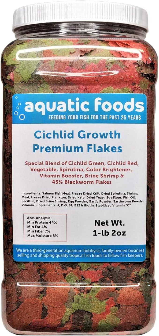 Aquatic Foods Inc. Cichlid Growth Flakes, Ultra 8-Type Premium Flake Mix for Discus, Cichlids, All Tropicals. Aquatic Foods Premiun Flake - 1-lb 2oz Lg Jar