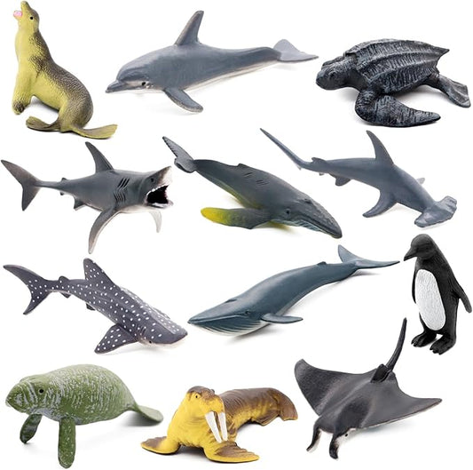 Sea Animal Toy Set,12 pcs Animal Sea Figures Ocean Toy for Kids, Realistic Set for Sea Lovers, Includes Great White Shark, Dolphin, White Shark, Whale for Age 3+