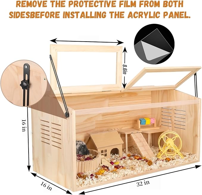 Wooden Hamster Cage,32" Lx16 Wx16 H,Animal Cabinet for Dwarf Syrian Hamsters Degus, Hamster Habitat with Openable Top and Large Acrylic Sheets, Natural Wooden Hamster Habitat.