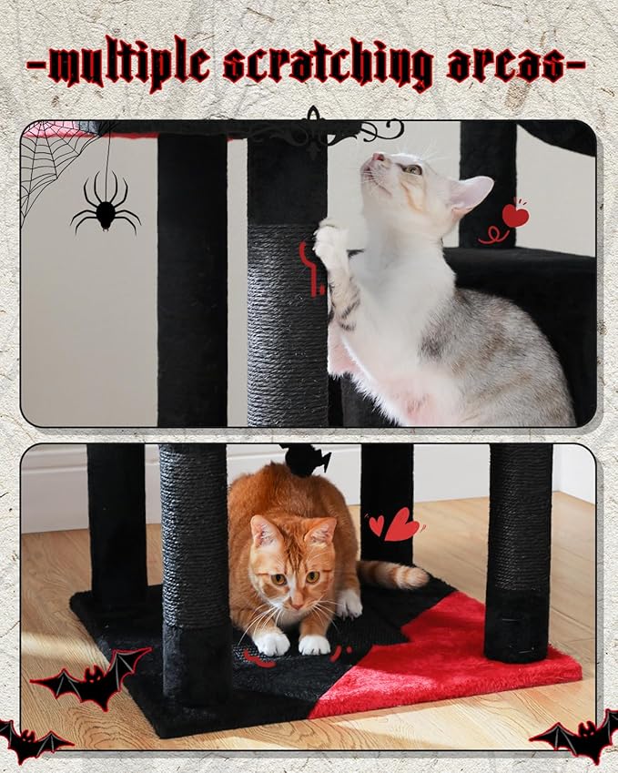 Gothic Cat Tree for Large Cats, 70.9" Tall Black Cat Tower with Coffin Bed, Cat Condo, Sisal Scratching Posts & Top Perch, Spider Hanging Ball, Multi-Level Spooky Cat Tree, Halloween, Black