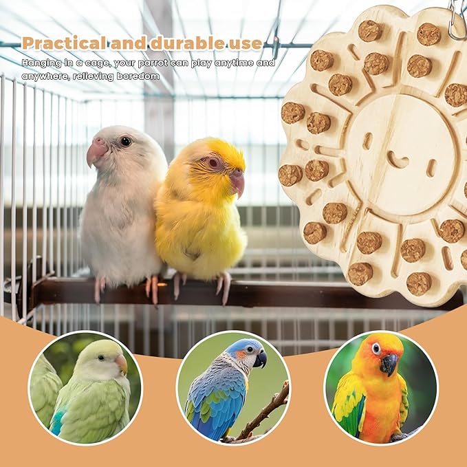 Bird Chew Toy – Wooden Foraging Puzzle Toy with Cork Stoppers, Hanging Bird Cage Toy for Parrots, Conures, Budgies, Cockatiels, Macaws, Finches, and Small to Medium Birds(Snowflake)