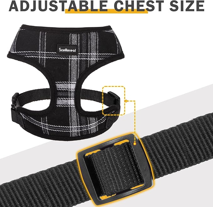 SCENEREAL No Pull Dog Harness Collar and Leash Set Small Medium Sized Dog, Soft Mesh Step in Puppy Harnesses, No Chock Plaid Adjustible Pet Vest for Outdoor Walking Training and Running, Black S