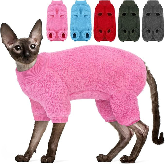 SUNFURA Sphynx Hairless Cat Sweater, Full Body Warm Fleece Sweaters with Sleeves for Cats, Soft Turtleneck Cat Clothes, Cozy Pullover Pajamas for Hairless Cats Devon, Donskoy & Small Dogs, Hot Pink S