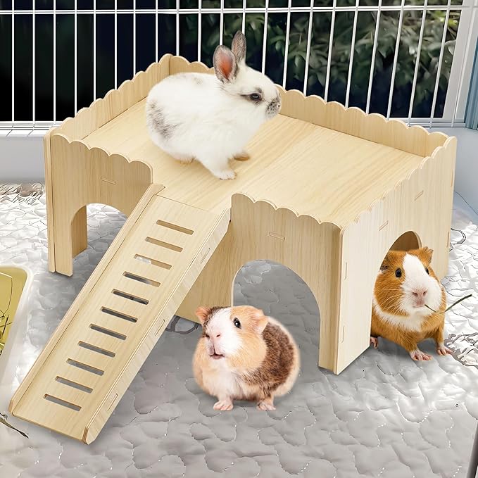BNOSDM Large Wooden Guinea Pig Hideout with Ramp & Loft 2 Tier Detachable Cavy Castle 4 Door Upgraded Small Animal House Habitat Dwarf Rabbit Climbing Toy Accessories for Cage