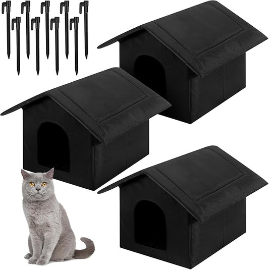 Soaoo 3 Pcs Cat Houses for Outdoor Stray Cats Shelter Weatherproof Outside House Indoor Foldable Pet Cave with Tent Stakes for Wild Animal Dogs(Pure Black Style)