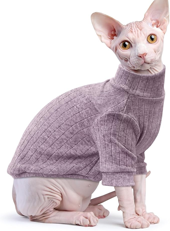Idepet Sphynx Hairless Cats Sweater Shirt Kitten Soft Puppy Clothes Pullover Cute Cat Pajamas Jumpsuit Cotton Apparel Pet Winter Turtleneck for Cats and Teacup Chihuahua Small Dogs(Purple,XXL)