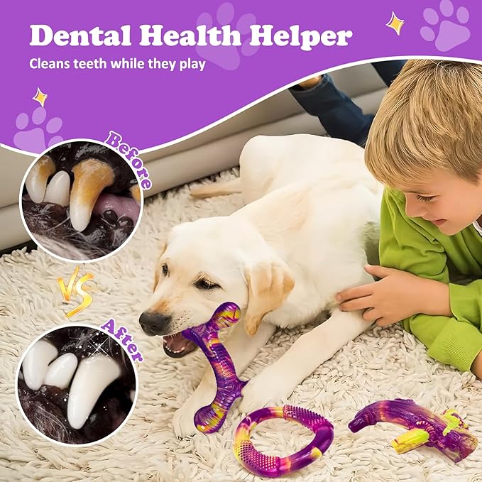 Indestructible Dog Toy 3Pack, Dog Chew Toys for Aggressive Chewers, Tough Dog Toys to Keep Them Busy for Medium Large Breed, Bacon Flavor (Purple)