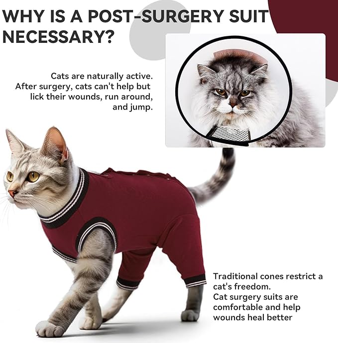 T'CHAQUE Cat Surgery Recovery Suit for Female Male, Cat Onesie Pet Surgical Pajamas Long Sleeve, Abdominal Wound Healing, E-Collar Alternative, Spay/Neuter Recovery Garment-Burgundy-XL