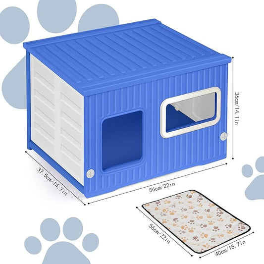 Plastic Cat House for Outdoor Indoor Use, Stackable Feral Cat Shelter Indoor Cat House Weatherproof Waterproof Elevated, with 2-Sided Cushion (Blue White)