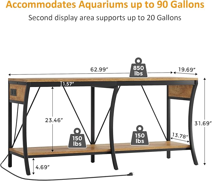 55-90 Gallon Fish Tank Stand with Power Outlets, 2-Tier Aquarium Stand with LED Light Strip & Open Storage Shelves, Heavy Duty Metal Table for Reptile Tank, 1150 LBS Capacity, Light Brown and Black