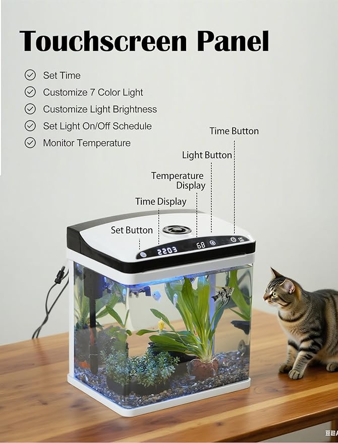 3 Gallon Fish Tank, Small Smart Aquarium with Filter, LED Light, Temperature Display for Betta, Shrimp, Goldfish, Guppies Small Fish with Fish Net