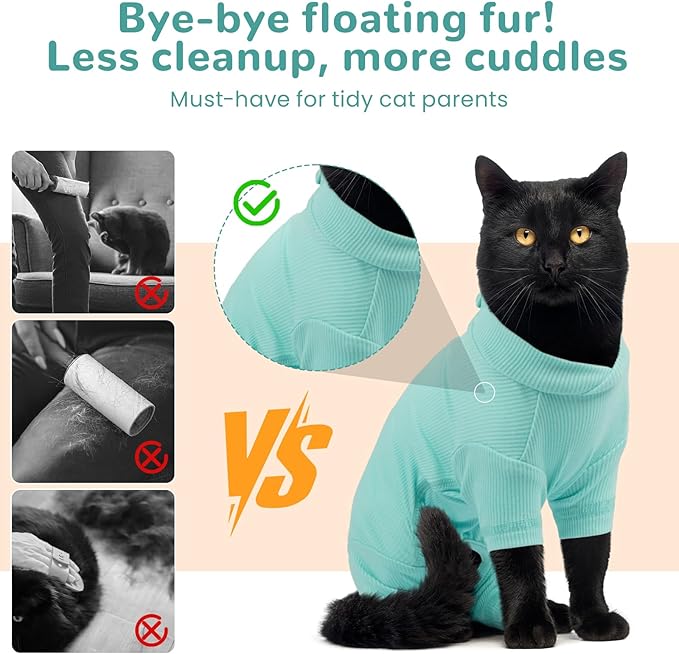 Sticky Hair Cat Clothes, Breathable & Lightweight, Reduces Shedding Fur Pajamas, Full Body Long Sleeve Surgical Bodysuit, Stop Licking & Shedding,Blue,S