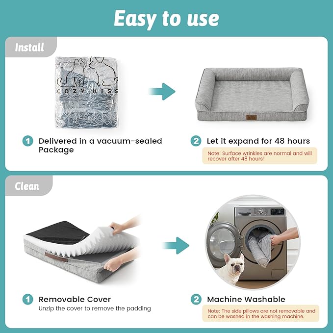 Cooling Dog Bed, Orthopedic Foam Dog Bed with Sides, Removable Cover & Waterproof Lining and Nonskid Bottom, Comfortable Pet Beds for Medium Dogs, Grey (36" L x 27" W x 6.5" Th)
