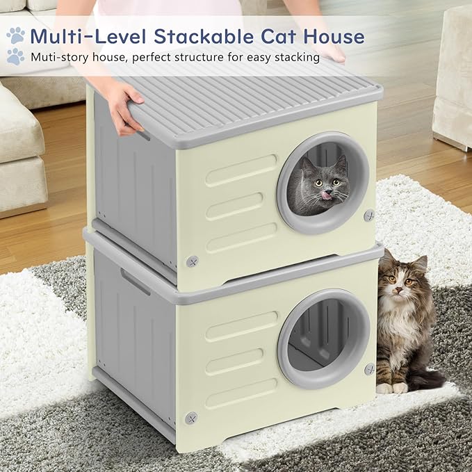 Plastic Cat House for Outdoor Indoor Use, Stackable Feral Cat Shelter Indoor Cat House Weatherproof Waterproof Elevated, with 2-Sided Cushion (Grey)