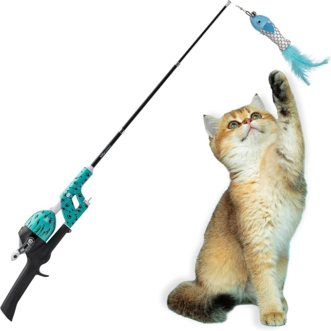 Cat Caster Fishing Pole Toy | Tangle Free & Easy to Store. Includes Two Interchangeable Teaser Toys | The Ultimate Gift for Kitty Lovers, Fish Bone
