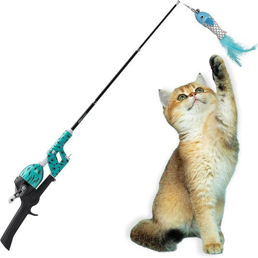 Cat Caster Fishing Pole Toy | Tangle Free & Easy to Store. Includes Two Interchangeable Teaser Toys | The Ultimate Gift for Kitty Lovers, Fish Bone