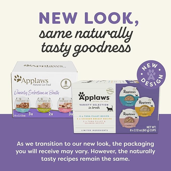 Applaws Natural Wet Cat Food in Broth, Limited and Natural Ingredients, High Protein with No Artificial Additives, Variety Pack in Broth (8 x 2.12 oz Easy-Open Cups)