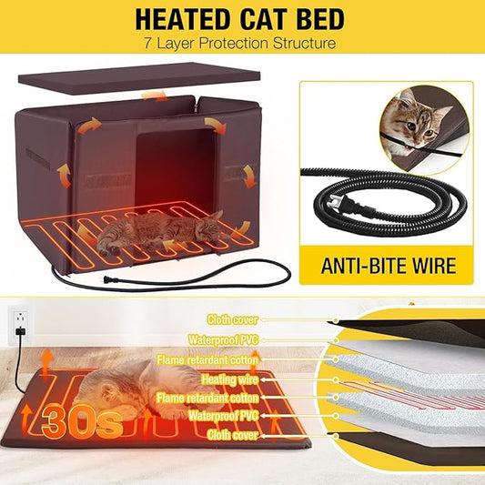 AIVITUVIN Heated Cat House for Outdoor Cats with Insulated Liner for Winter, Temperature Control Cat Cage, Indoor Kitty Shelter with Heating Pad