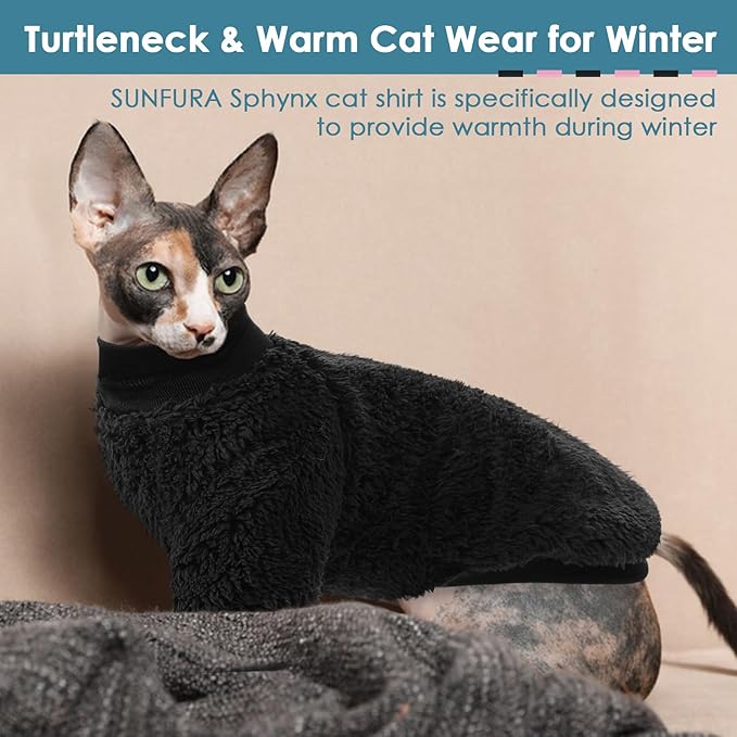 SUNFURA Sphynx Cat Sweater, Hairless Cats Turtleneck Pullover Kitten Sweaters for Cats Only, Warm and Soft Cat Pajamas Shirt with Sleeves Pet Winter Clothes Fleece Jumpsuit for Puppy, Black M
