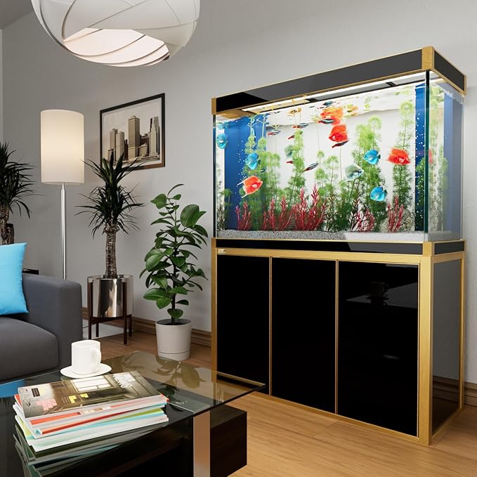 135 Gallon Aquarium Tempered and Ultra-Clear Glass (Full Setup) in Black with Gold Trims