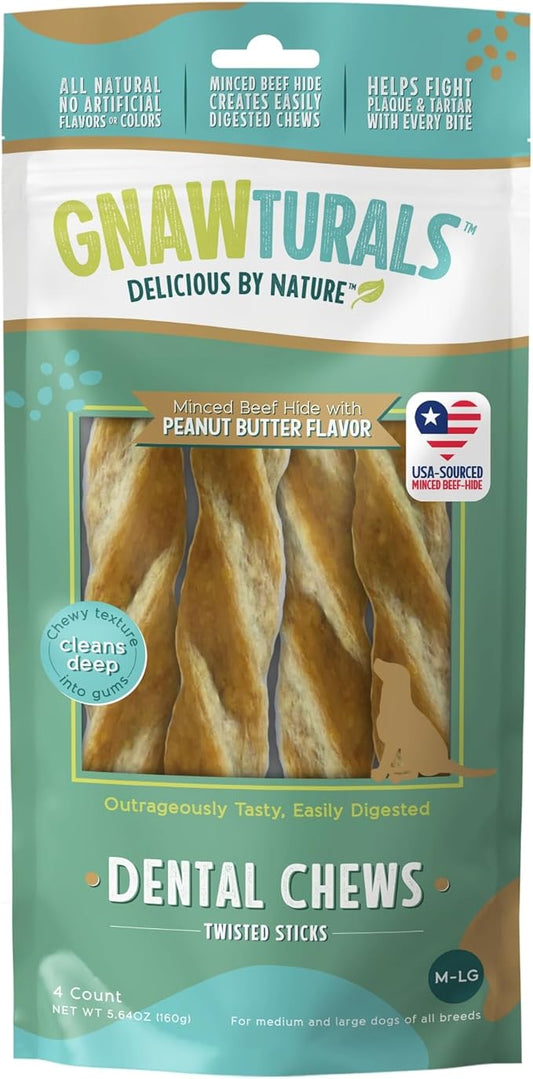 Dental Chews Twisted Sticks | for Large and Extra Large Dogs | USA Sourced Beef-Hide | Natural Scrubbing Fights Plaque and Tartar Refreshing Your Dog's Breath (4 Sticks, Peanut Butter)