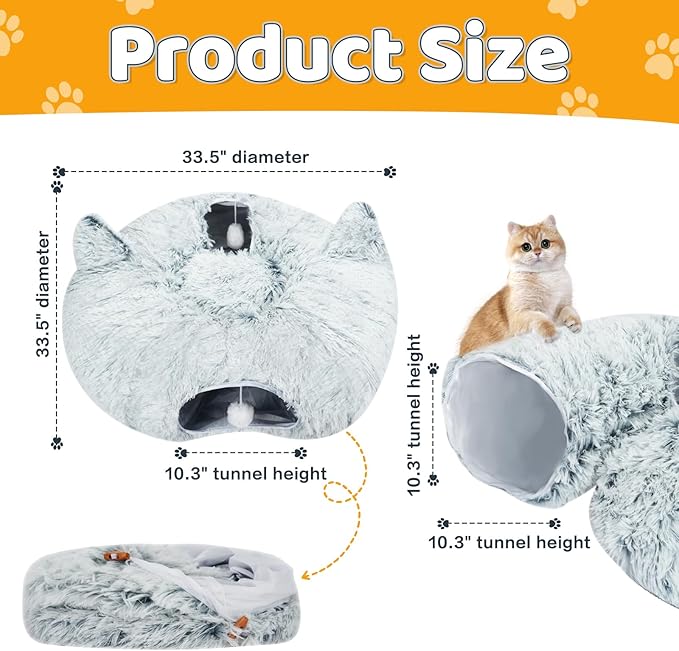 Plush Feline Tunnel Bed with Central Cushion - Indoor Cat Tunnels - Donut-Shaped Cat Bed with Anti-Slip Base - Spacious Cat Tunnel Hideaway for Kittens, Rabbits, Puppies, Ferrets