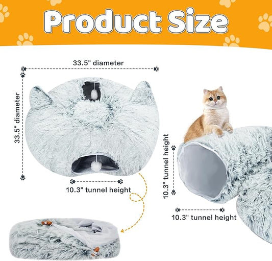Plush Feline Tunnel Bed with Central Cushion - Indoor Cat Tunnels - Donut-Shaped Cat Bed with Anti-Slip Base - Spacious Cat Tunnel Hideaway for Kittens, Rabbits, Puppies, Ferrets