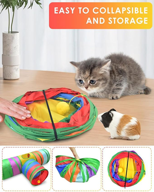 Bissap Rabbit Tunnel, 9.8'' Collapsible Bunny Tunnel and Tube 3 Ways Pet Hideout with 1 Play Ball for Indoor Kittens Dwarf Rabbit Bunny Guinea Pig Chinchilla Small Animal Activity Fun Toy (Rainbow)