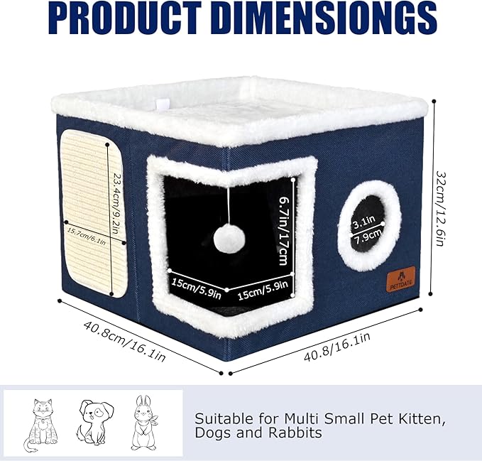 Cat Beds for Indoor Cats - Foldable Cat Hideaway with Hanging Fluffy Ball and Scratch Pad, Large Cat Bed Cave with Reversible Cushion for Multi Small Pet Kitten, Blue