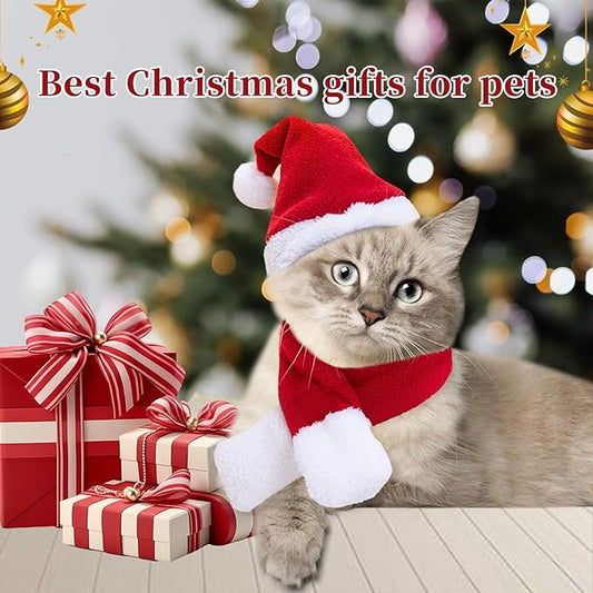 Cat Christmas Costume with Santa Hat and Scarf Cat Xmas Outfit for Kitten/Puppies/Home Christmas Decoration