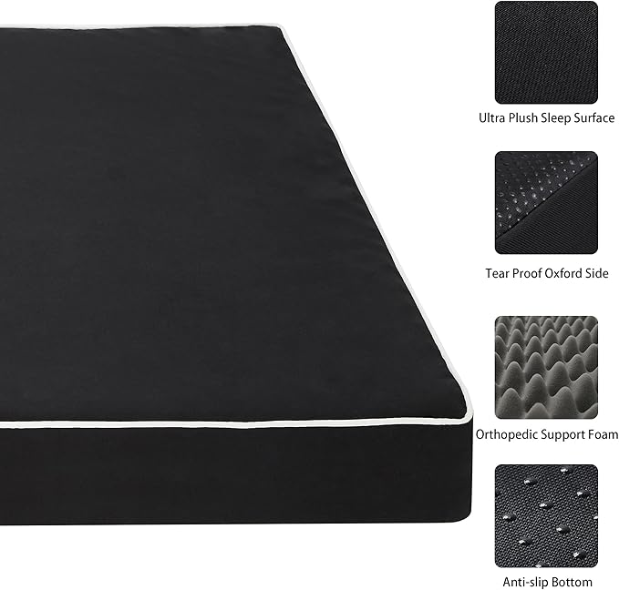 Dog Bed Mats for Big Dogs - Orthopedic Dog Pet Bed Thick Egg Foam Crate, Removable Washable Cover, Non-Slip Bottom Durable Dog Crate Bed Mat (Black, XL(42''x30''x4''))