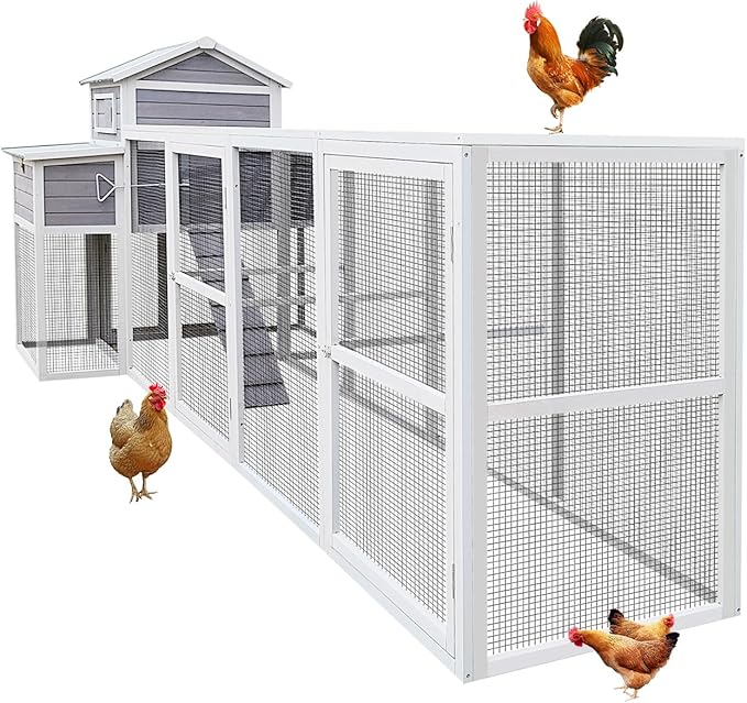 150" Extra Large Chicken Coop – Outdoor Wooden Hen House with Black Rust-Proof Metal Wire, 2 Spacious Nesting Boxes, 5 Perches, Predator-Proof & Durable Chicken Cage for 4-6 Poultry White